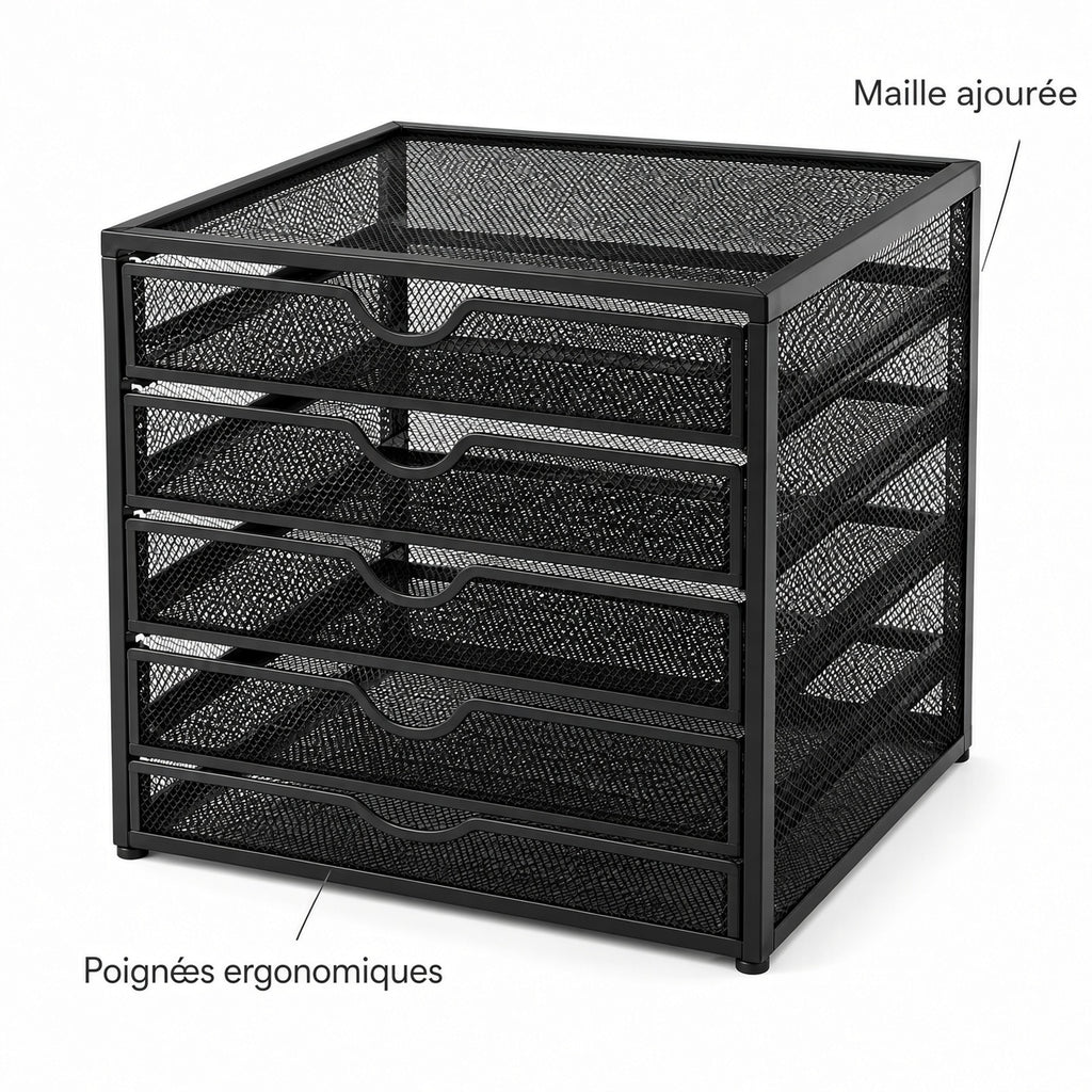 Organisateur de Bureau à 5 Tiroirs en Métal – Rangement Multifonction pour Documents et Fournitures