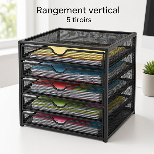 Organisateur de Bureau à 5 Tiroirs en Métal – Rangement Multifonction pour Documents et Fournitures