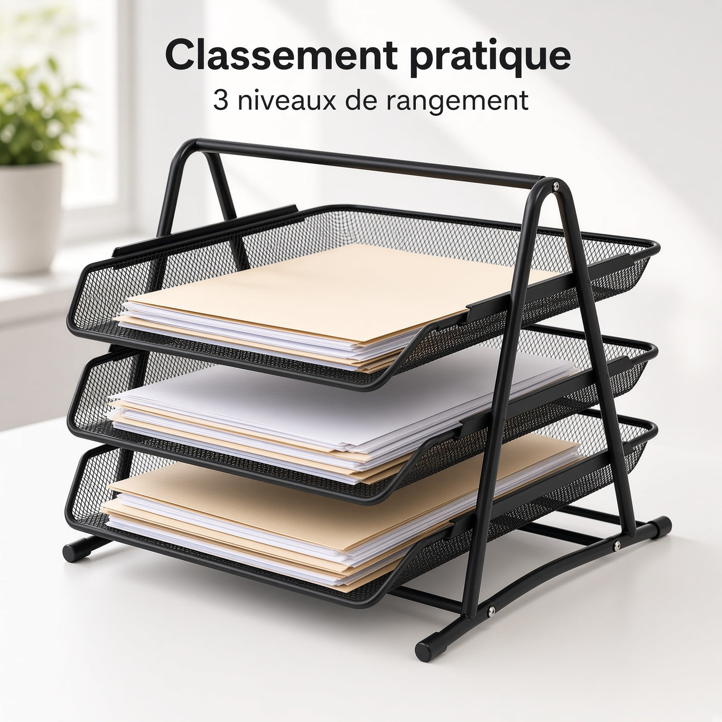Organisateur de Documents de Bureau à 3 Niveaux – Bac de Rangement en Métal