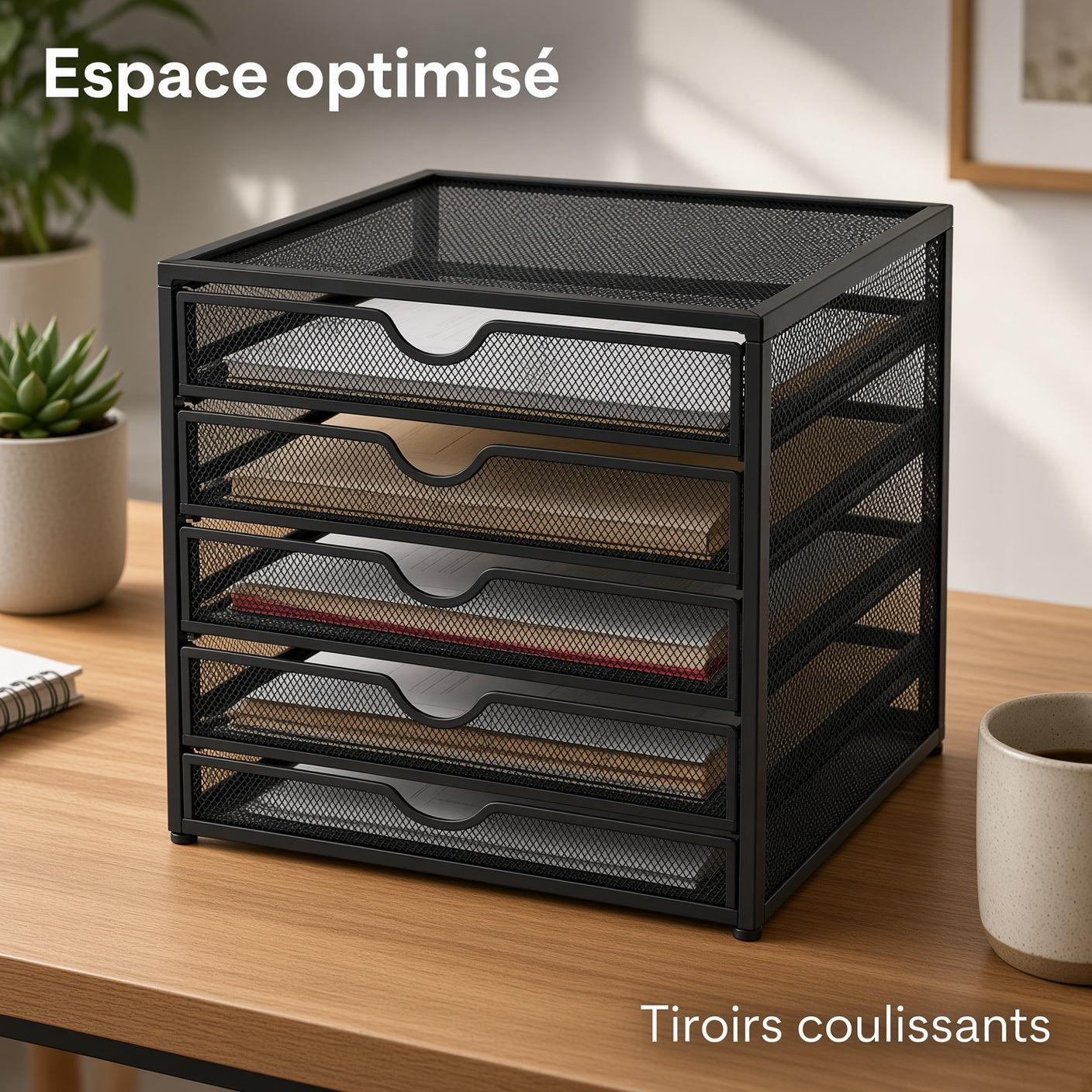 Organisateur de Bureau à 5 Tiroirs en Métal – Rangement Multifonction pour Documents et Fournitures