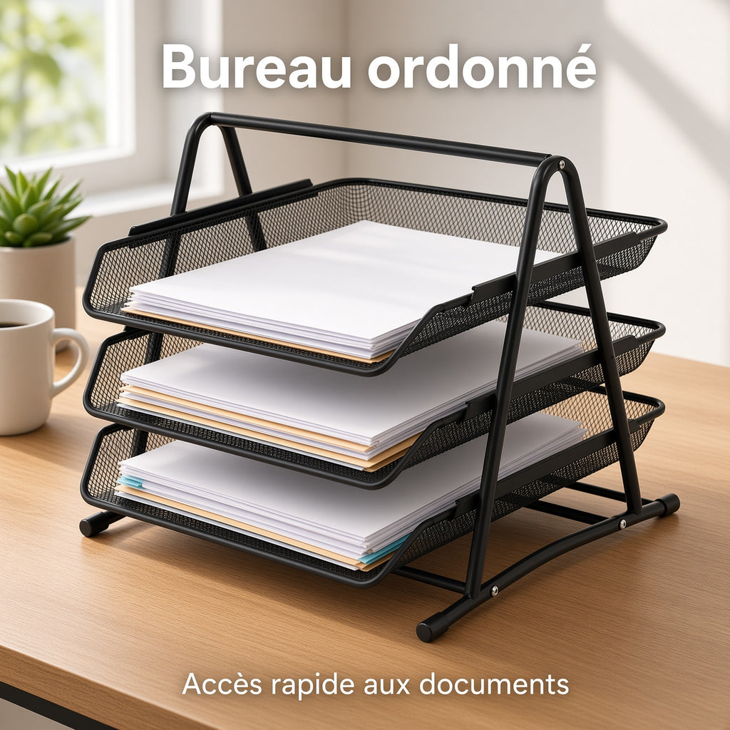 Organisateur de Documents de Bureau à 3 Niveaux – Bac de Rangement en Métal